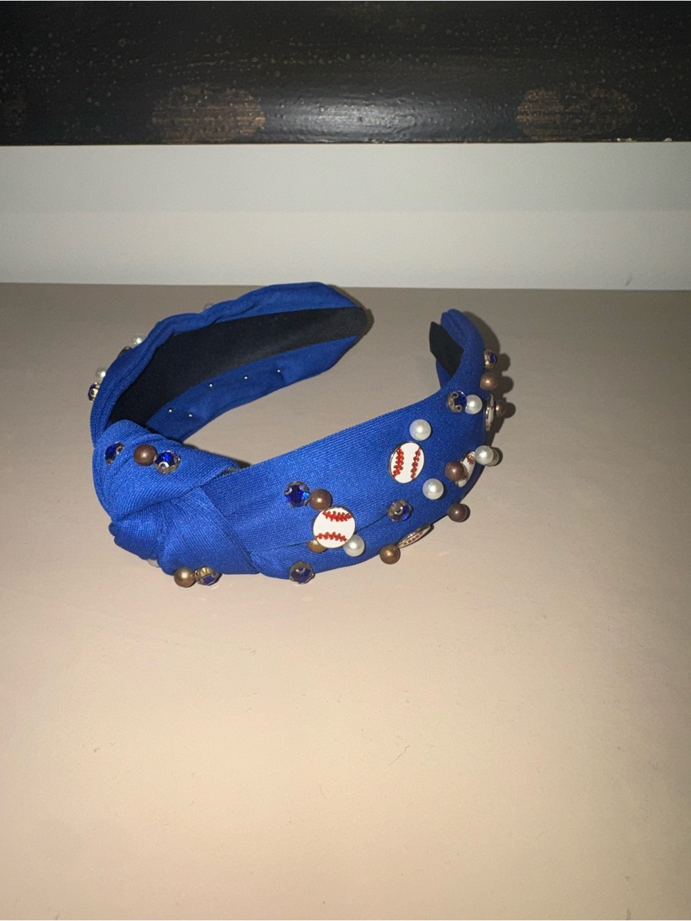 Blue Knotted Ladied Headband with Baseball and Pearl Accents